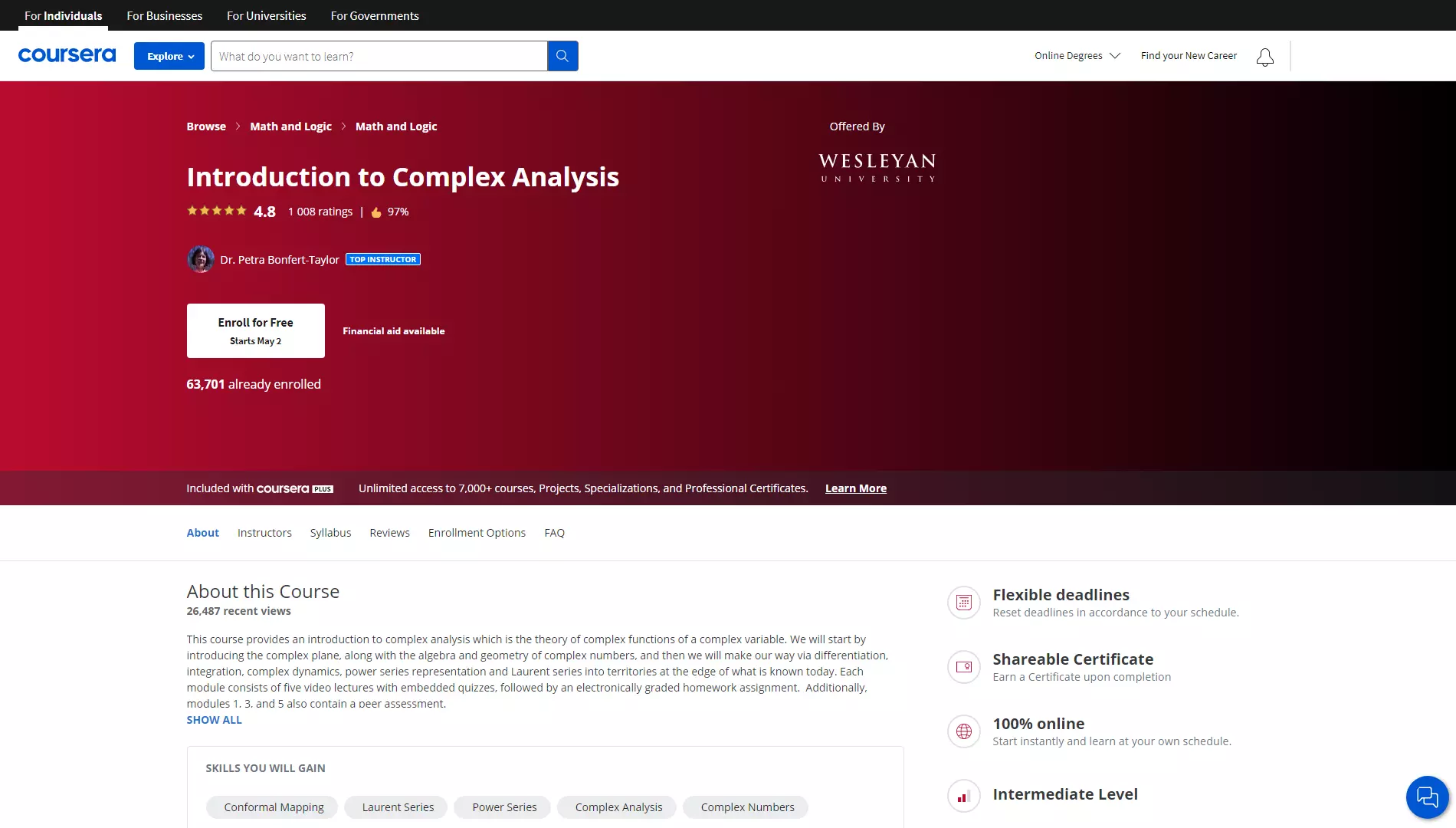 Introduction to Complex Analysis By Dr. Petra Bonfert-Taylor