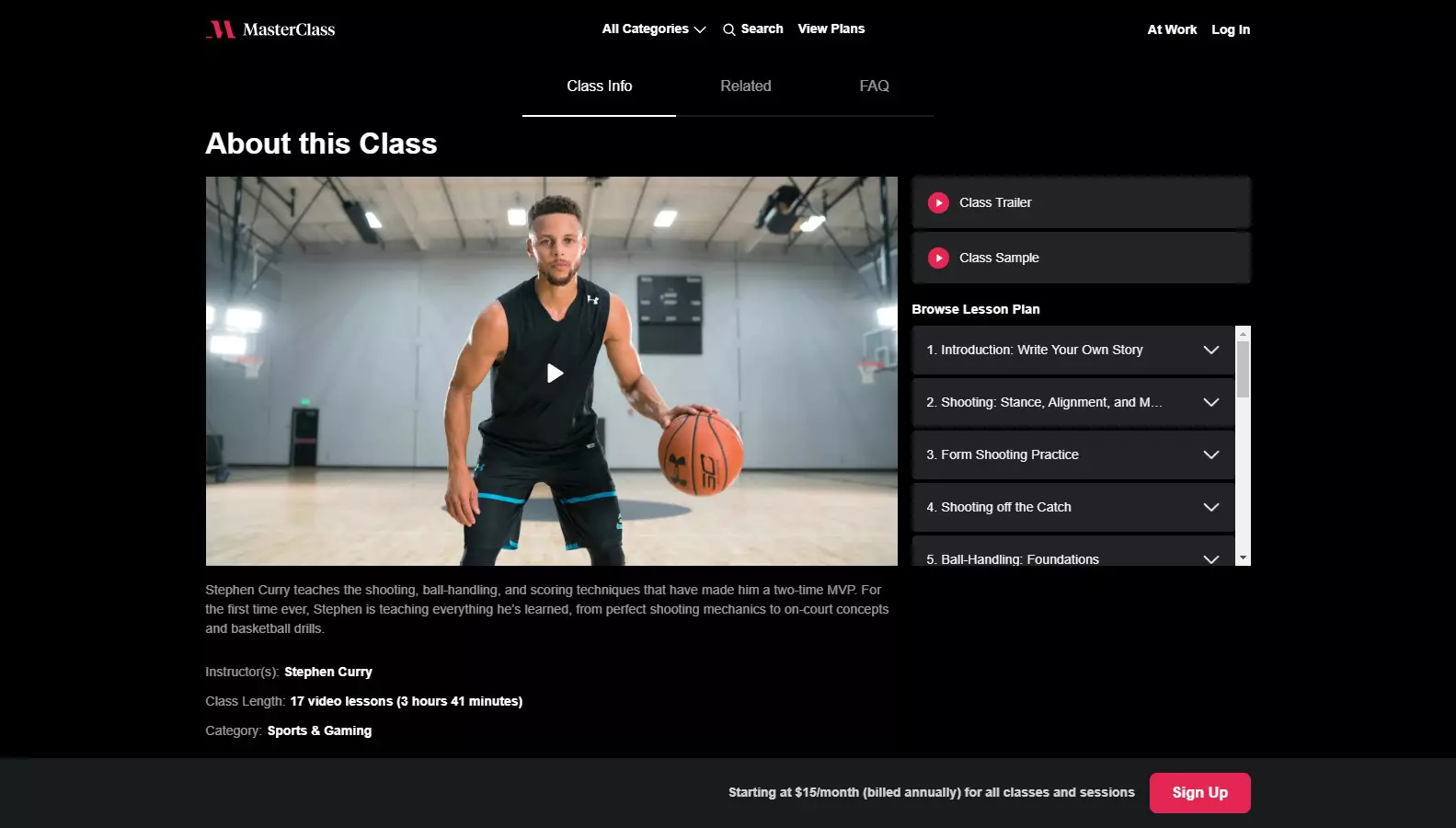 Stephen Curry's Masterclass class info